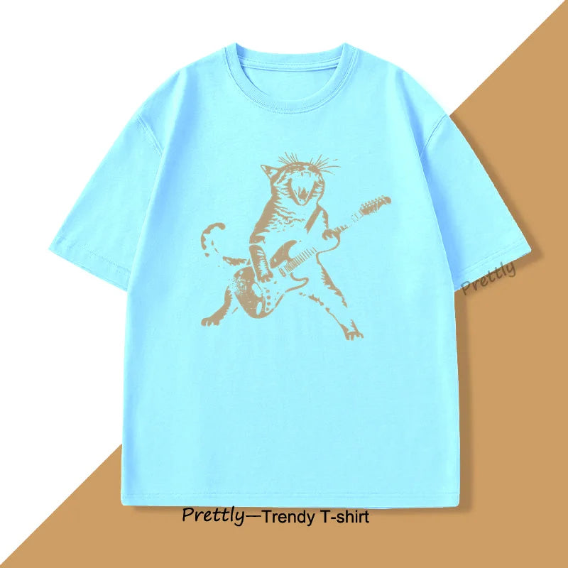 Rock Cat Playing Guitar T Shirt Funny Guitar Cat Tee Shirt Casual Round Neck Cotton Short Sleeve Tshirt Summer Street Trendy Top