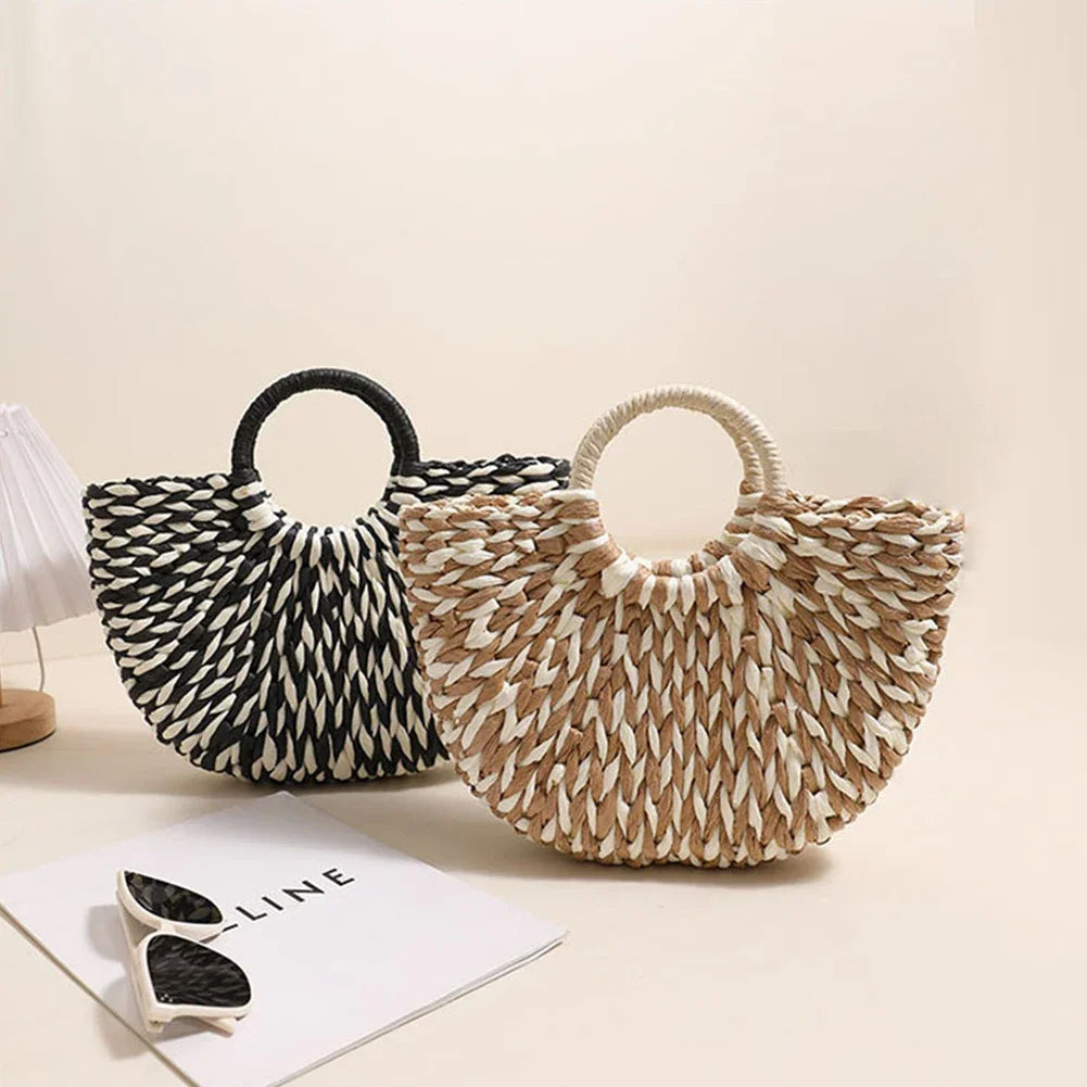 Women Straw Tote Handbag Large Capacity Semi-Circle Woven Bag Color Clash Semicircle Weaving Bag Summer Beach Handbag