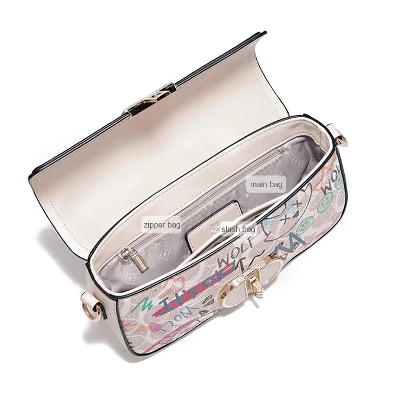 FOXER 2026 Fashion New Women's Underarm Bag PU Leather Graffiti Lady Chain Shoulder Bag Trendy Niche Design Crossbody Bag