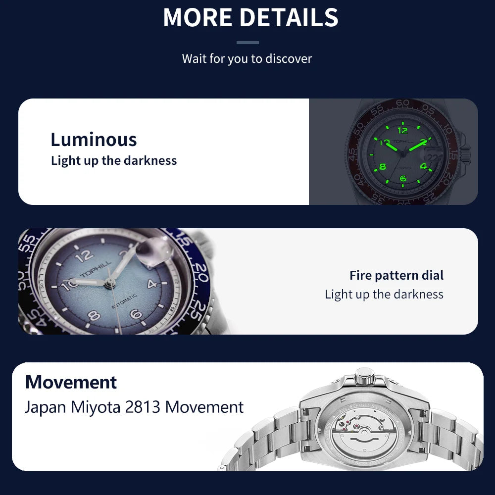 TOPHILL 41mm New Men's Watch Calendar Display Automatic Mechanical Watches Miyota 2813 Movement Sapphire Luminous Wristwatch