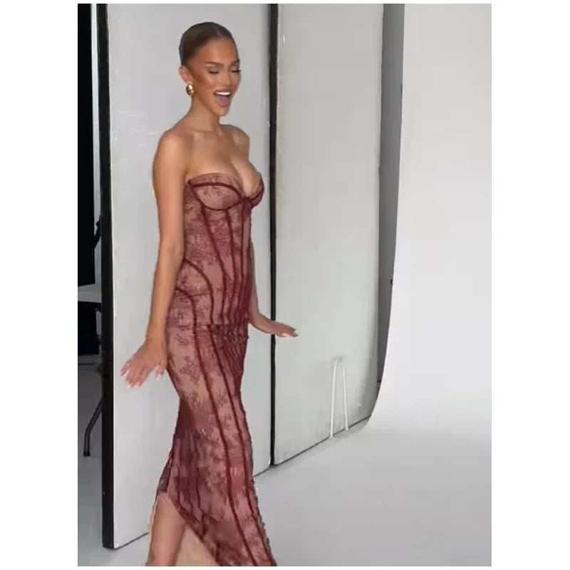 Women Strapless Tulle Fishbone Dress Backless Off Shoulder Printed Patchwork Slim Maxi Dresses 2026 Lady Chic Party Evening Gown