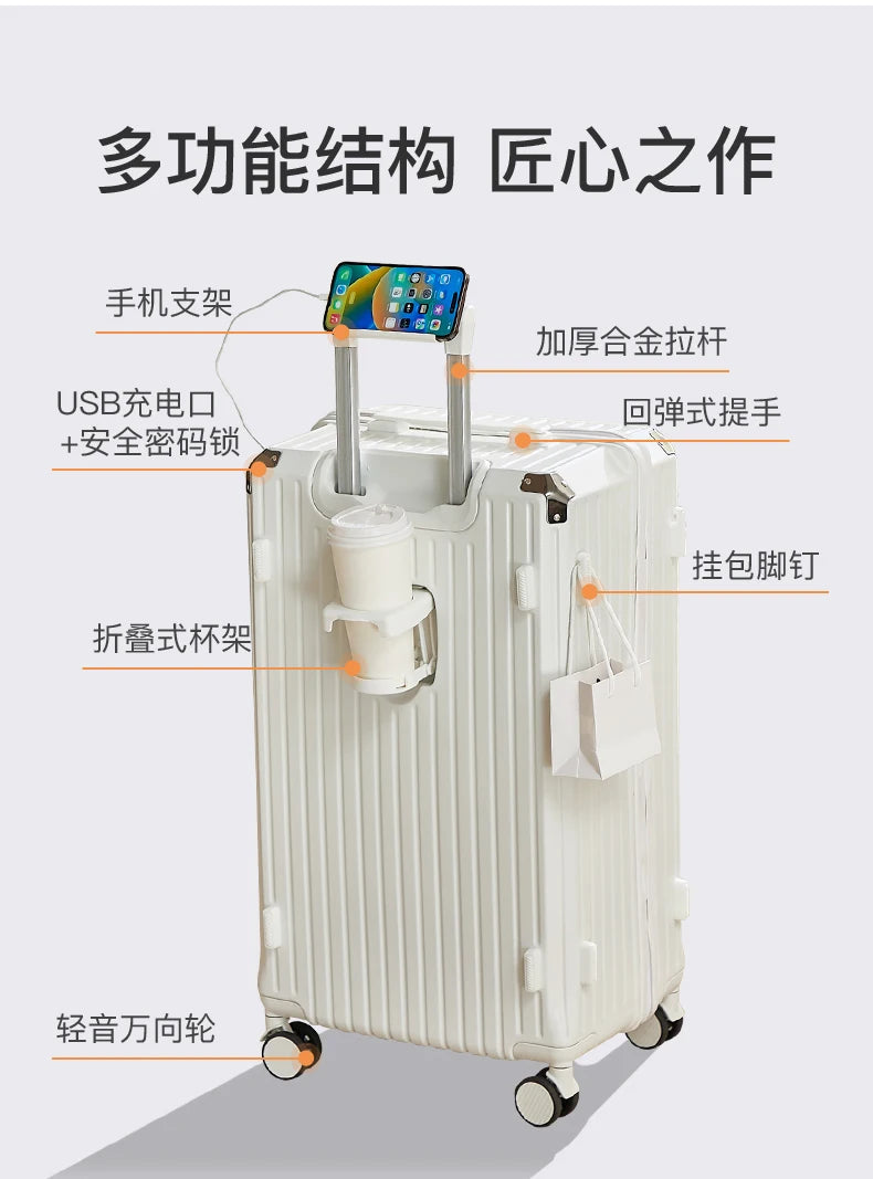 Large Capacity 20-26 Inch Rolling Luggage with Cup Holder Travel Bag Convenien Mobile Phone Stand Simple Travel Rolling Suitcase