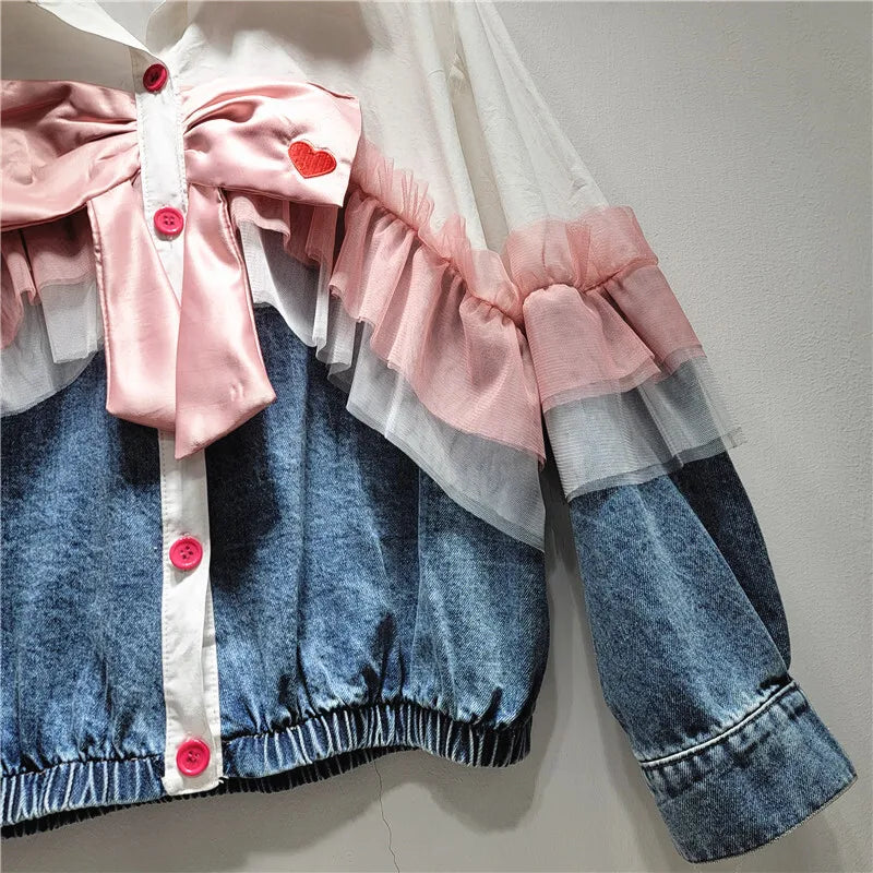 WTHT Fashion Women's Spliced Bows Mesh Edge Denim Jacket 2025 Spring Trendy Lapel Long Sleeves Loose Coat Female 1LS951