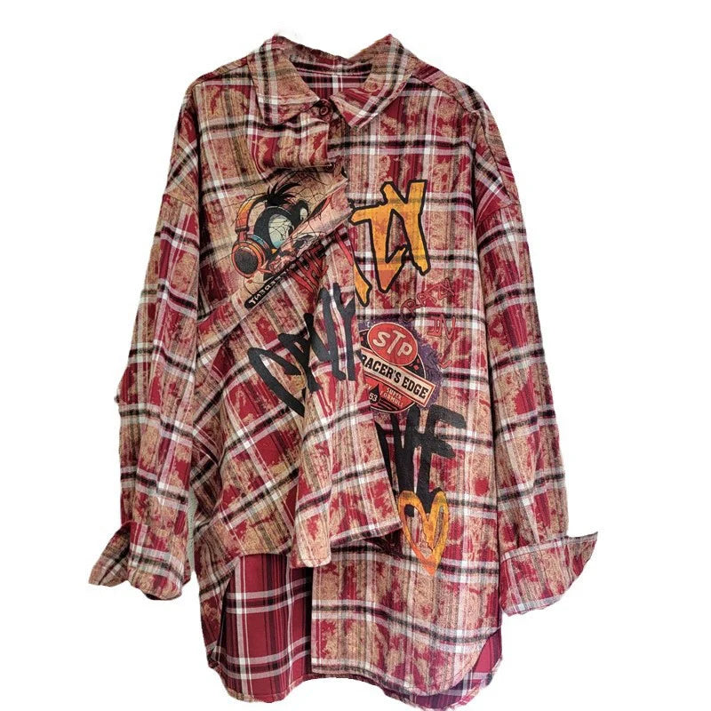 WTHT New Fashion Women's Cartoon Print Plaid Shirts 2024 Winter Trendy Single Breasted Long Sleeves Blouse Female 1LS419