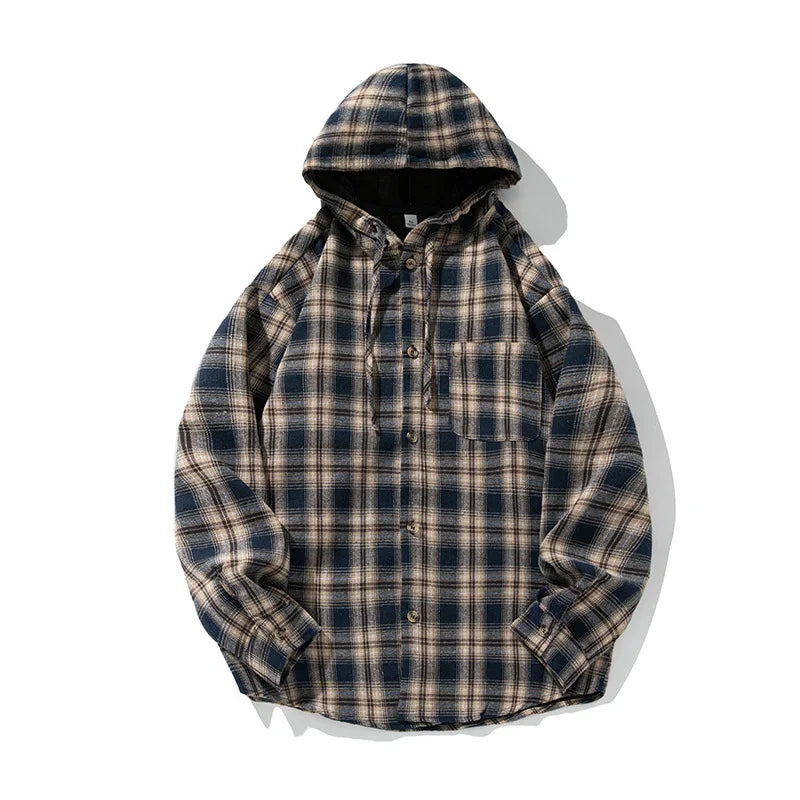 TFETTERS Brand Hooded Shirts Mens Plaid Spring Summer 2025 New Vintage Shirts Male Long Sleeve Fashion Streetwear Mans Coat