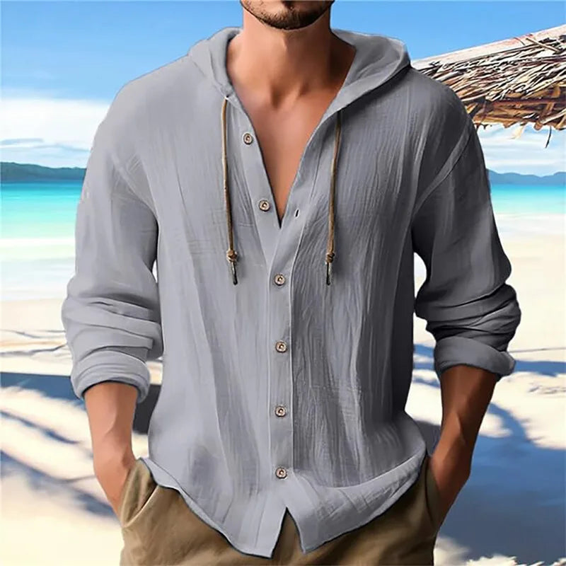 Men's solid color casual shirt, hooded drawstring cotton and linen cardigan, trendy and versatile loose beach T-shirt