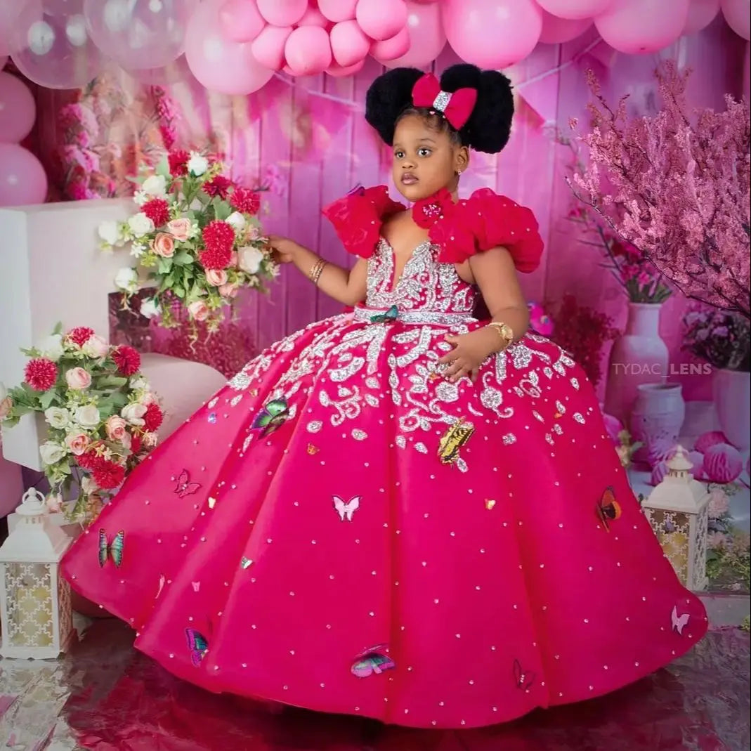 Luxury Beading Flower Girl Dresses Princess Hot Pink Customized Ball Gown Baby Girls First Birthday Party Pageant Dress