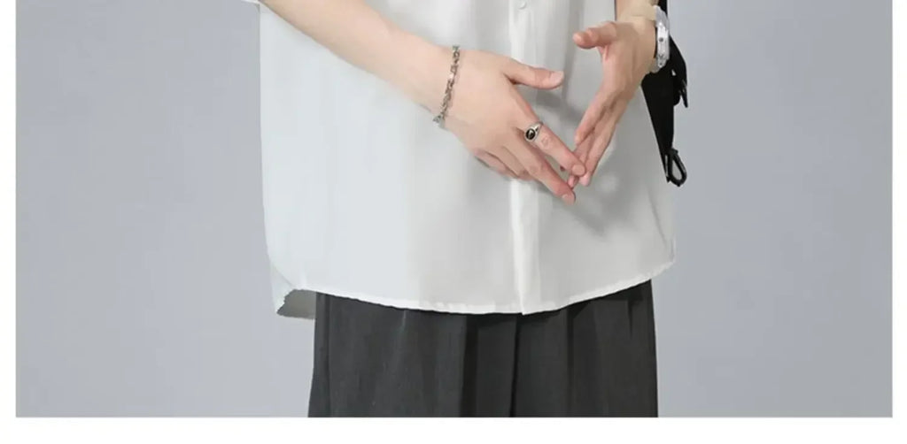 Men's Ice Silk Short Sleeve Shirt Casual Loose Fit Korean Style Trendy Black Shirt For Summer Thin Sleeve Casual