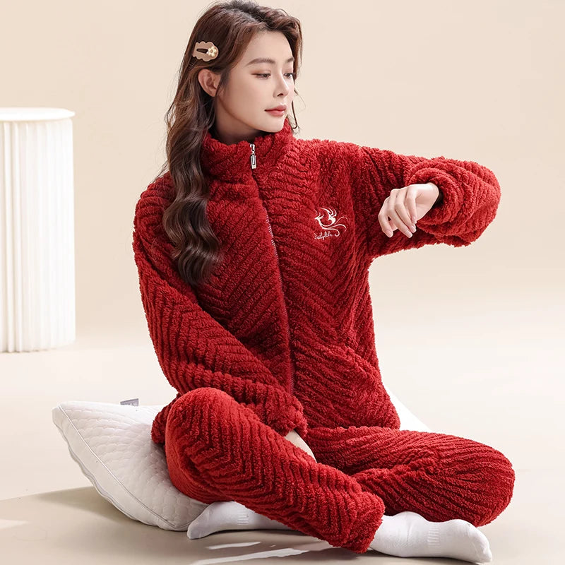 Women's Winter Flannel Pajamas Set Standing Neck Zippered Cardigan Sleepwear Coral Fleece Homewear Thick Warm Female Sweatshirt