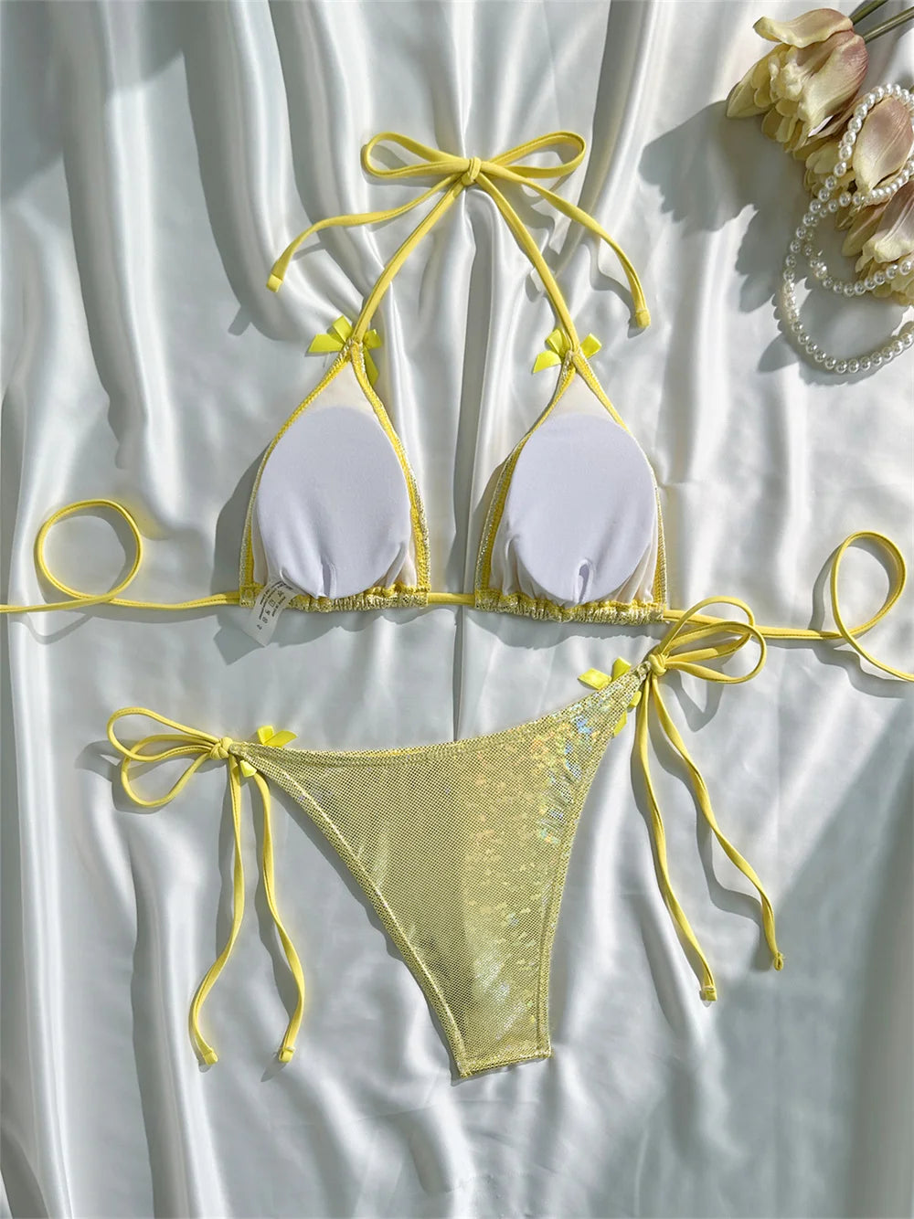 Shiny Pink Bikini Extrem String Backless Swimsuit Push Up Kawaii Bowknot Vacation Swimwear Women Micro Tangas Beach Bathing Suit
