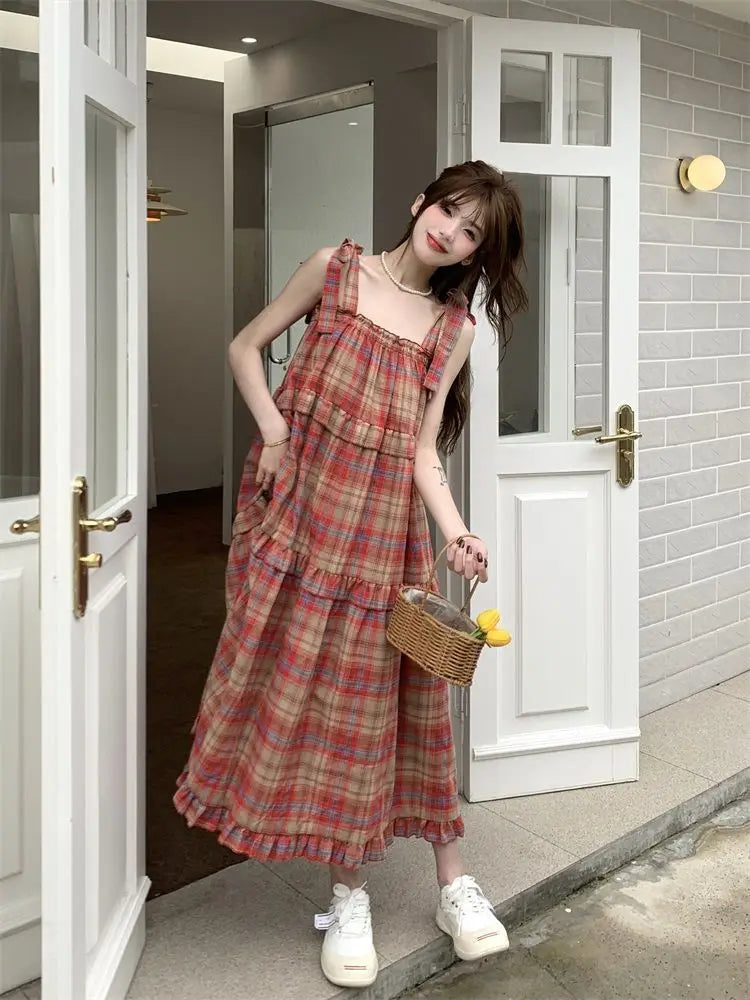 Vintage Plaid Dresses Women Ruffles Sweet French Style Bandage Loose Casual Girlish Summer New Ins Aesthetic Temperament Ulzzang