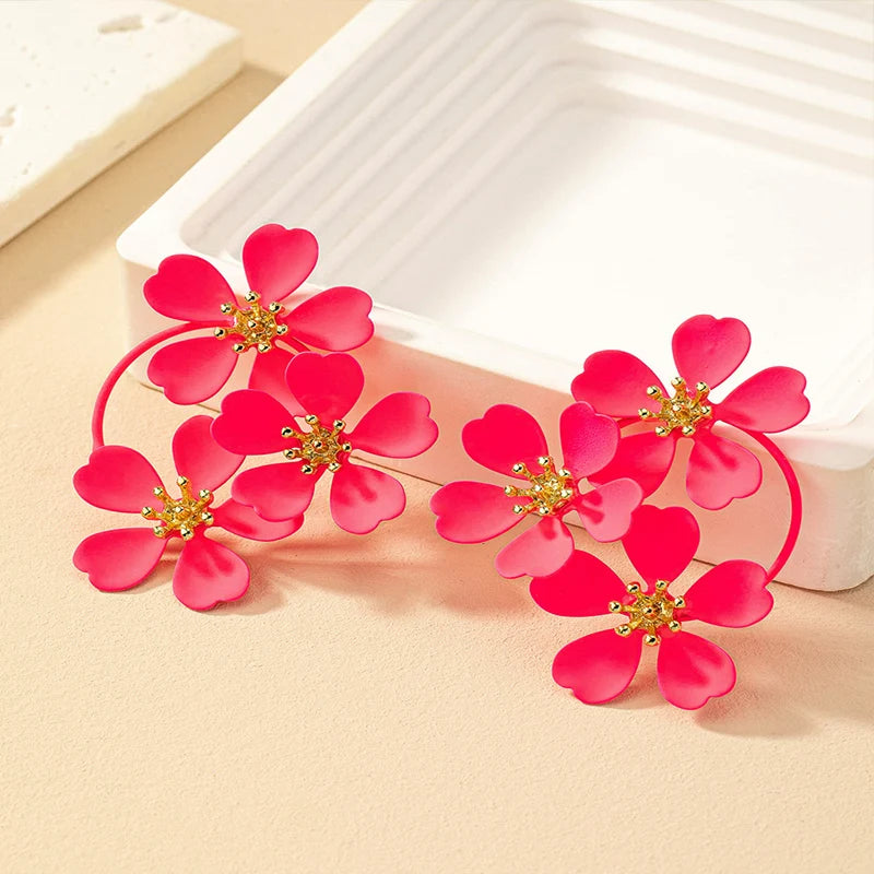 Obega Women Neon Pink Color Flowers Earring Stud Yellow Paiting Color Flower Sweet Summer Holiday Post Earrings Trendy Elegant