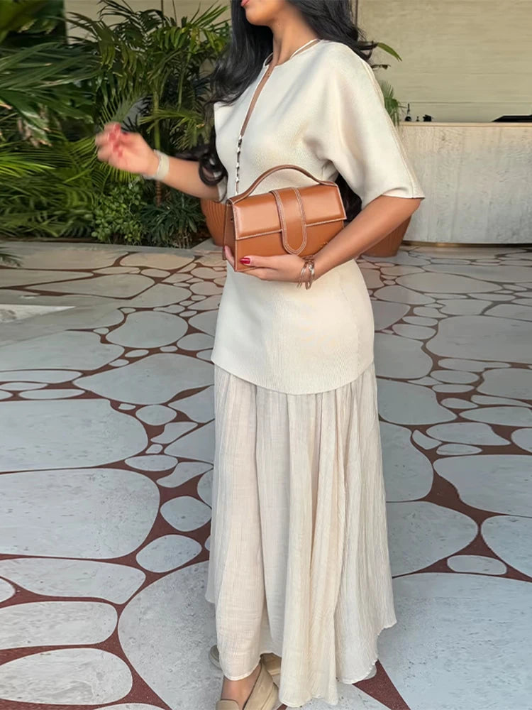 Elegant Women Patchwork Long Dress Short Sleeve O Neck Button A-Line Dresses Spring Summer Vintage Beach Vacation Casual Robes