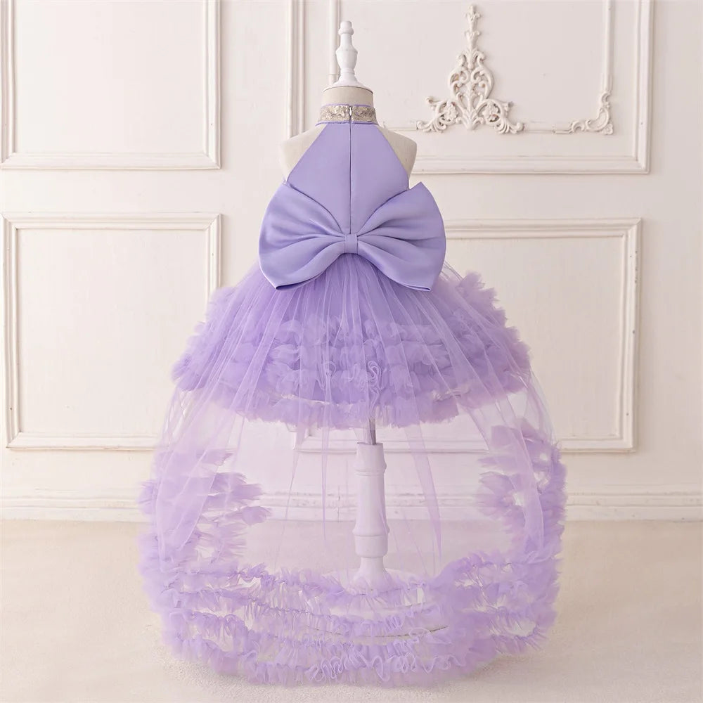 Trailing Big Bow Party Baby Girls Dresses Sequin Baptism Bridesmaid Costume Toddler Birthday Princess Dress Wedding Evening Gown