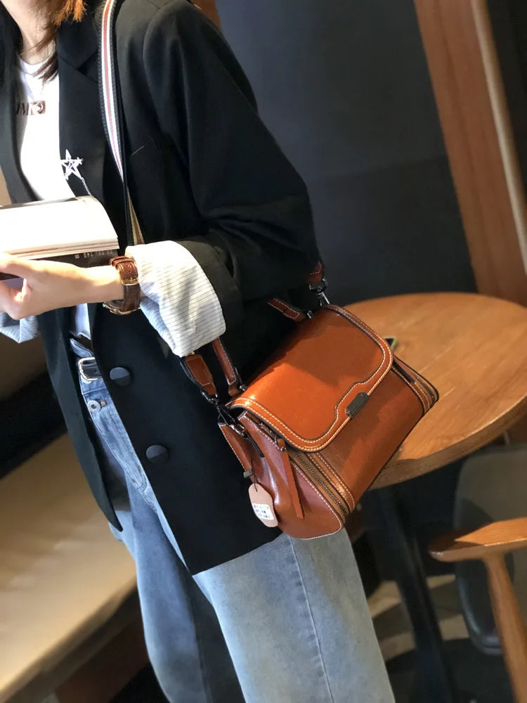 Oil Wax Cowhide Leather Women's Handbag 2024 New Crossbody Bag Lady Commuter Summer Bag Handbill Shoulder Messenger Bags