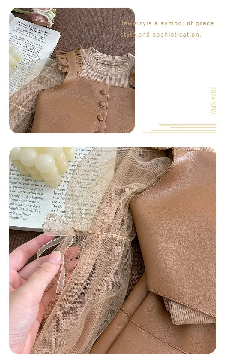 New Girls' Autumn Western Style Little Girls' Leather Two-Piece Suit Fashionable Children's Bottoming Shirt Trendy
