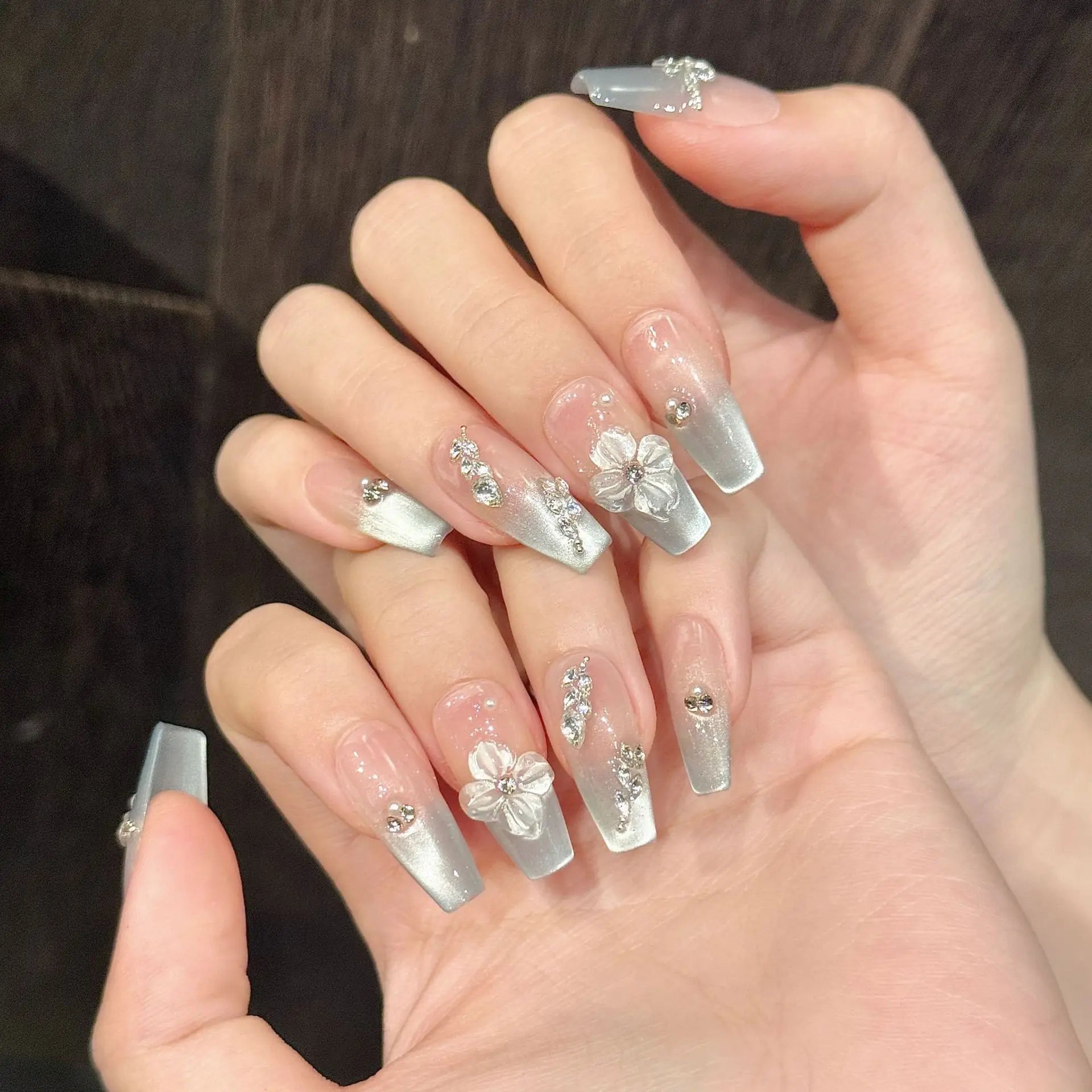 10pcs French Ballet Handmade Fake Nails Tips Pearl Cat's Eye Design False Nail Art Finished Wearable Mid-length Press on Nails