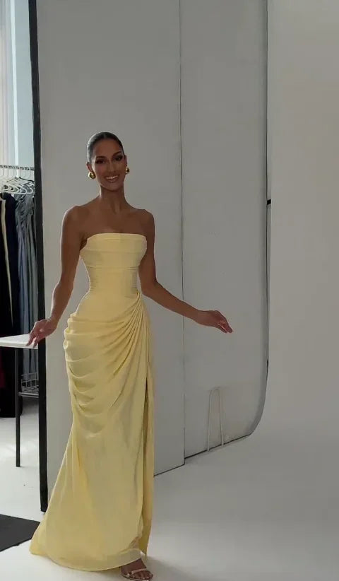 Yellow Strapless Pleated Dress Women Elegant Sexy Sleeveless Waist Cinching Split Maxi Gowns 2026 Lady New Evening Party Dresses
