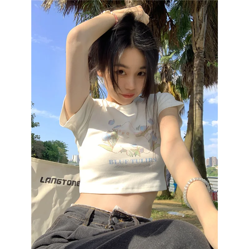 Kawaii Crop Top Summer Women's T-shirt All-match Trendy Fun Printed Casual Slim Korean Cute Tops New Y2K Simple Short Sleeve Tee