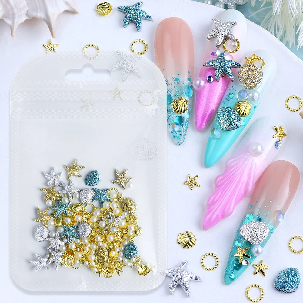 Ocean Style Seashell Starfish Nails Accessories Starfish Conch Metal Rivets Nail Charms Summer DIY Nail Art Supplies Decorations