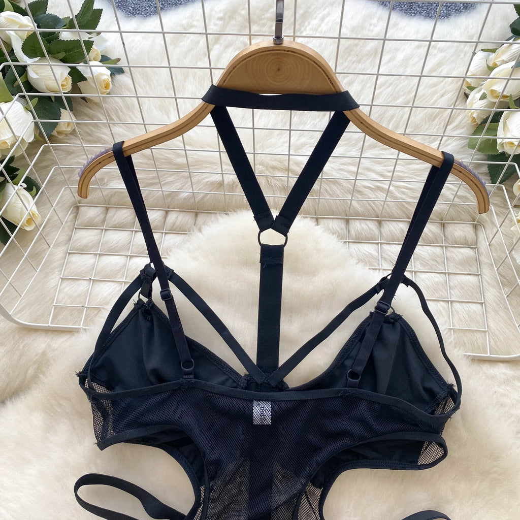 Sexy Hollow out Bridesmaid  Swimsuit Women's Pure Desire Spicy Girl Inner Wear Base Top See tough Net Strap