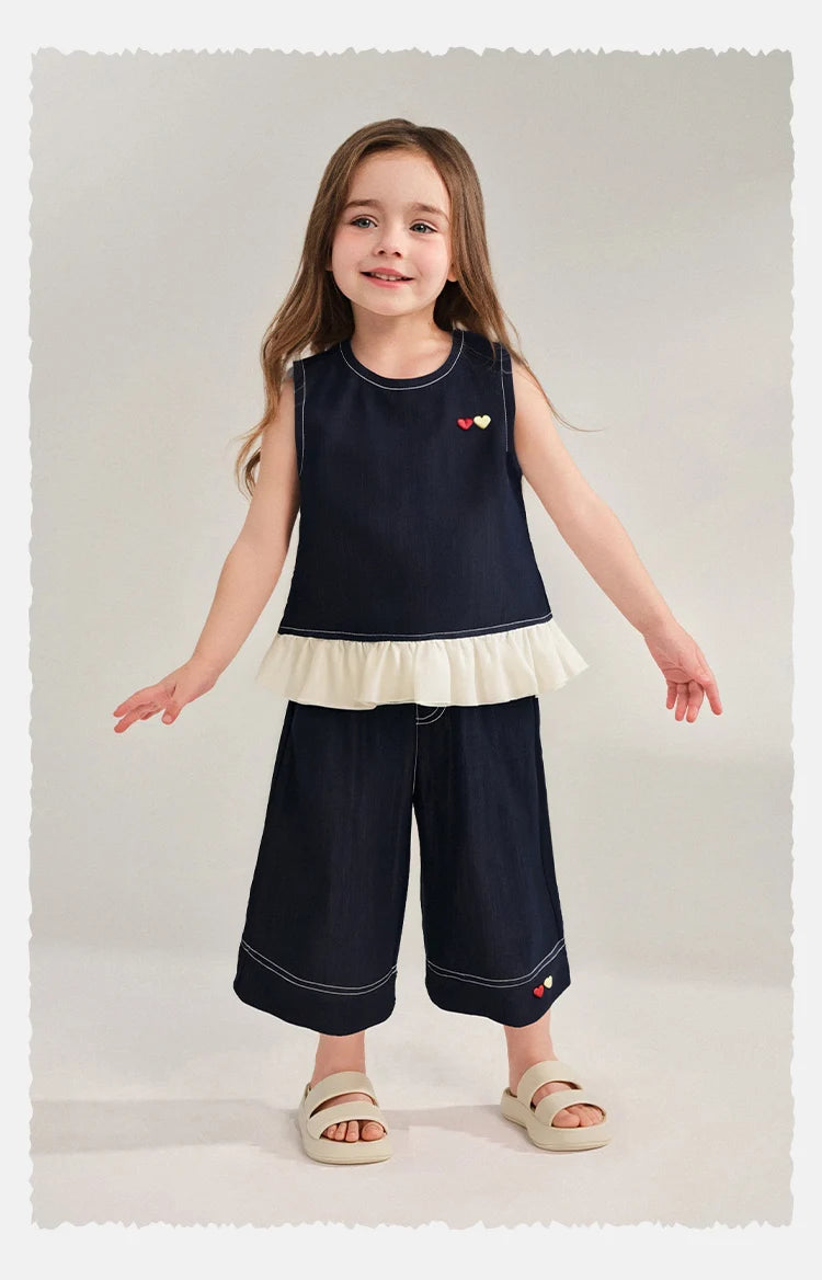 Amila 2026 Girls Summer Set Navy Blue Top Wide Pants 2025 Fashion Heart Embroidery Ruffle Casual Trendy Kids Outfit Sleeveless