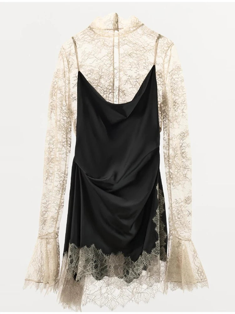 Elegant Fashionable Short Dress Lace Stitching Trendy Stylish Party Dresses Modest Dignified Sweet France Romantic Women Outfit