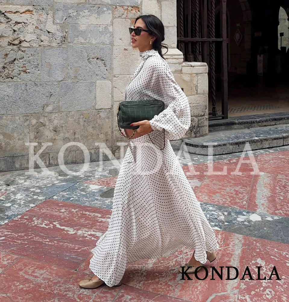 KONDALA Elegant Polka Dot Skirt Set Women's Summer Holidays Beach Casual Set Bow Collar Shirt, Midi Skirt 2026 Trendy Skirt Set