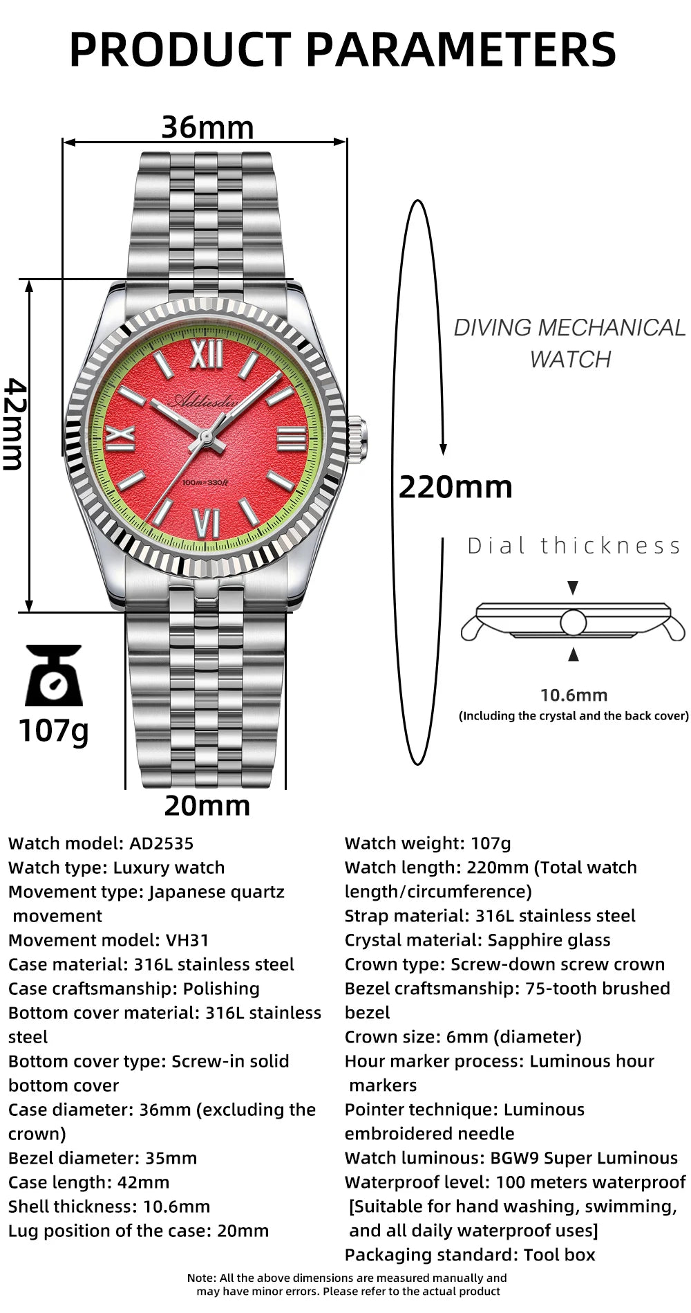 ADDIESDIVE 2025 NEW Colorful Dial Quartz Watch For Men VH31 Movement Stainless Steel Sapphire Glass 100M Waterproof Dive Watches