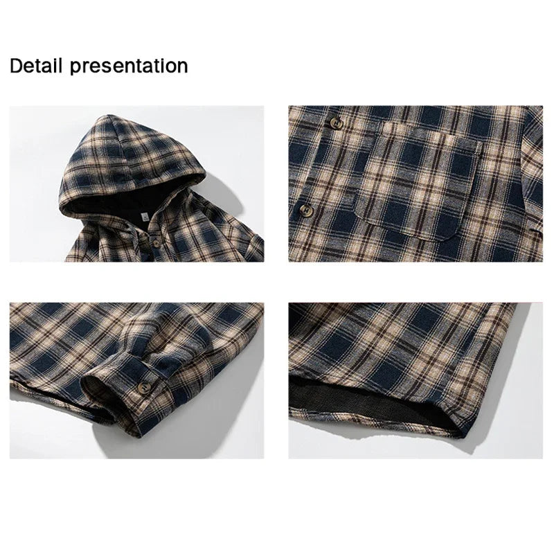 TFETTERS Brand Hooded Shirts Mens Plaid Spring Summer 2025 New Vintage Shirts Male Long Sleeve Fashion Streetwear Mans Coat