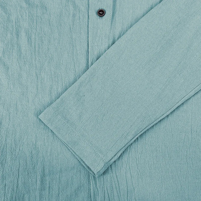 Men's solid color casual shirt, hooded drawstring cotton and linen cardigan, trendy and versatile loose beach T-shirt