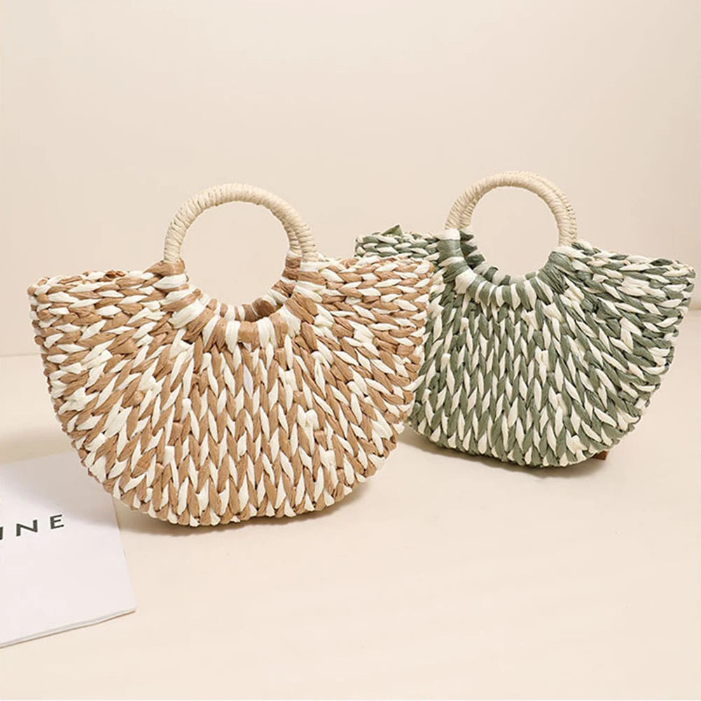 Women Straw Tote Handbag Large Capacity Semi-Circle Woven Bag Color Clash Semicircle Weaving Bag Summer Beach Handbag