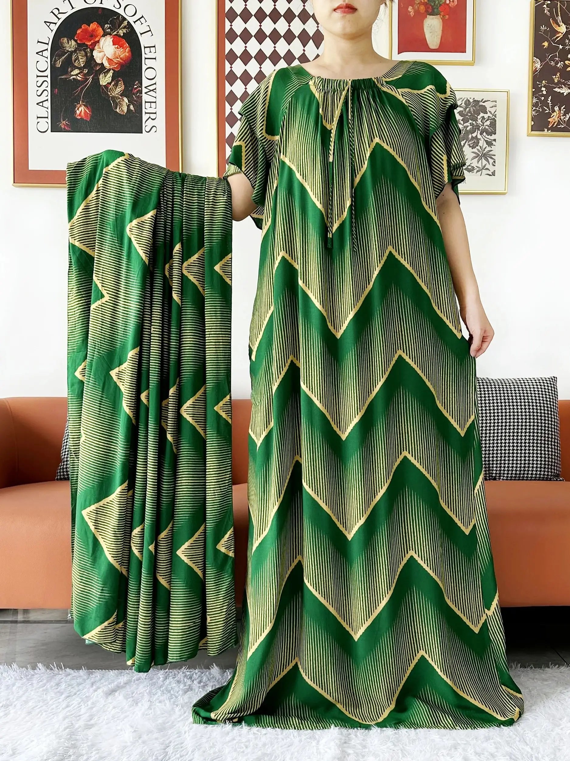 2024 New Muslim Dubai Abaay Women Cotton Dress With Big Scarf For Women Maxi Summer Short Sleeve Loose African Abaya Clothing