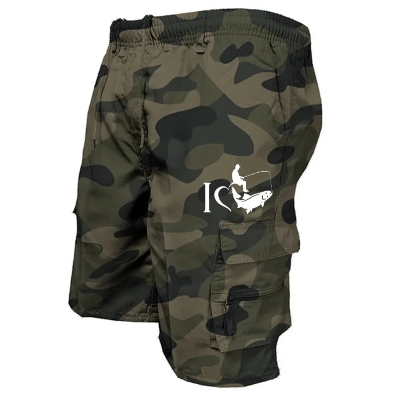 Trendy Mens Bib Shorts Casual Loose Shorts Funny I Love Fishing Printed Drawstring Pocket Shorts Summer Mens Shorts