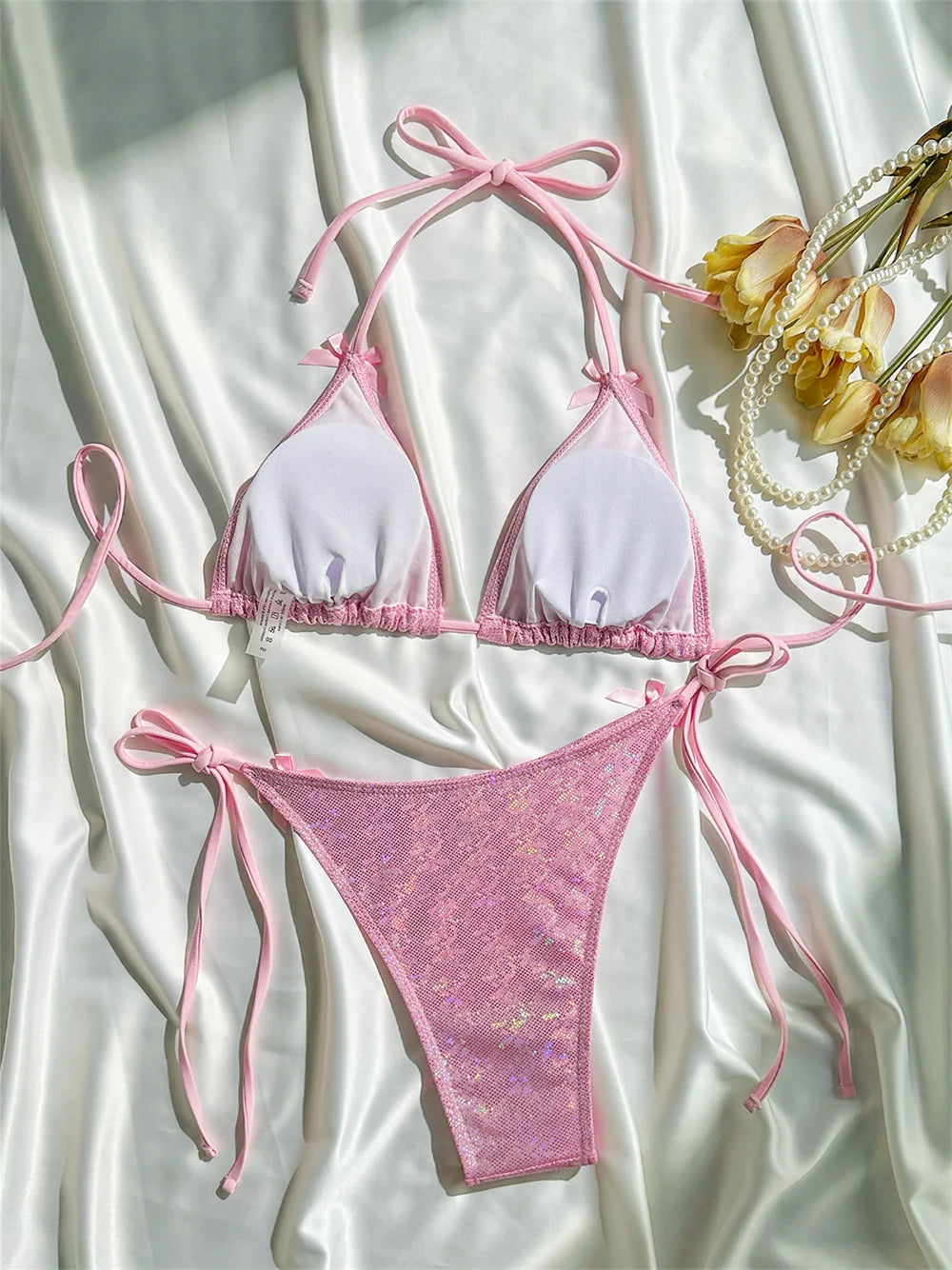Shiny Pink Bikini Extrem String Backless Swimsuit Push Up Kawaii Bowknot Vacation Swimwear Women Micro Tangas Beach Bathing Suit