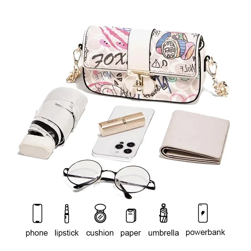 FOXER 2026 Fashion New Women's Underarm Bag PU Leather Graffiti Lady Chain Shoulder Bag Trendy Niche Design Crossbody Bag